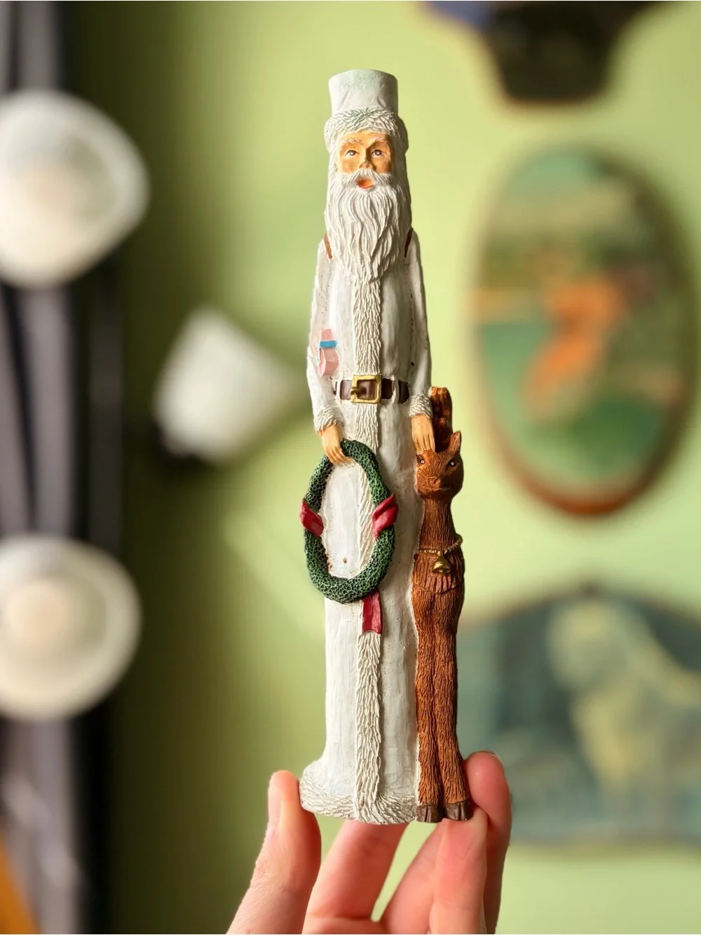 White Slender Santa Vintage Candlestick Holder Figurine with Deer & Wreath